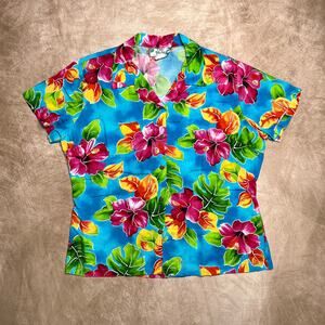 Vintage 90s Two Palm Multicolor Floral Rainbow Print Button Up Hawaiian Shirt